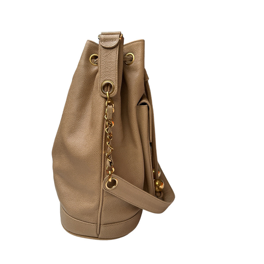 Beige Caviar Leather Vintage Crossbody Bag