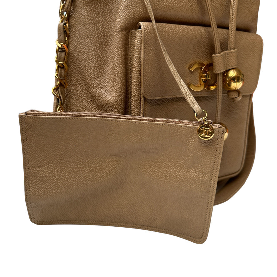 Beige Caviar Leather Vintage Crossbody Bag