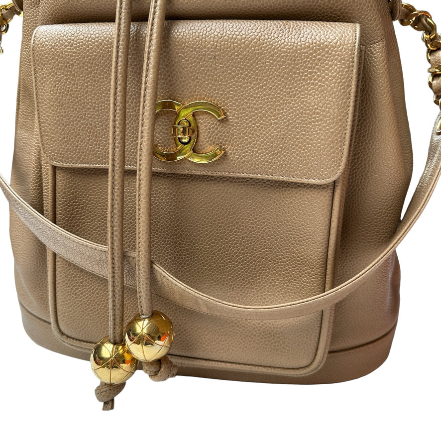 Beige Caviar Leather Vintage Crossbody Bag