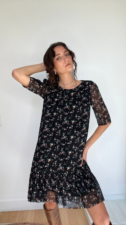 Floral Black Dress - S