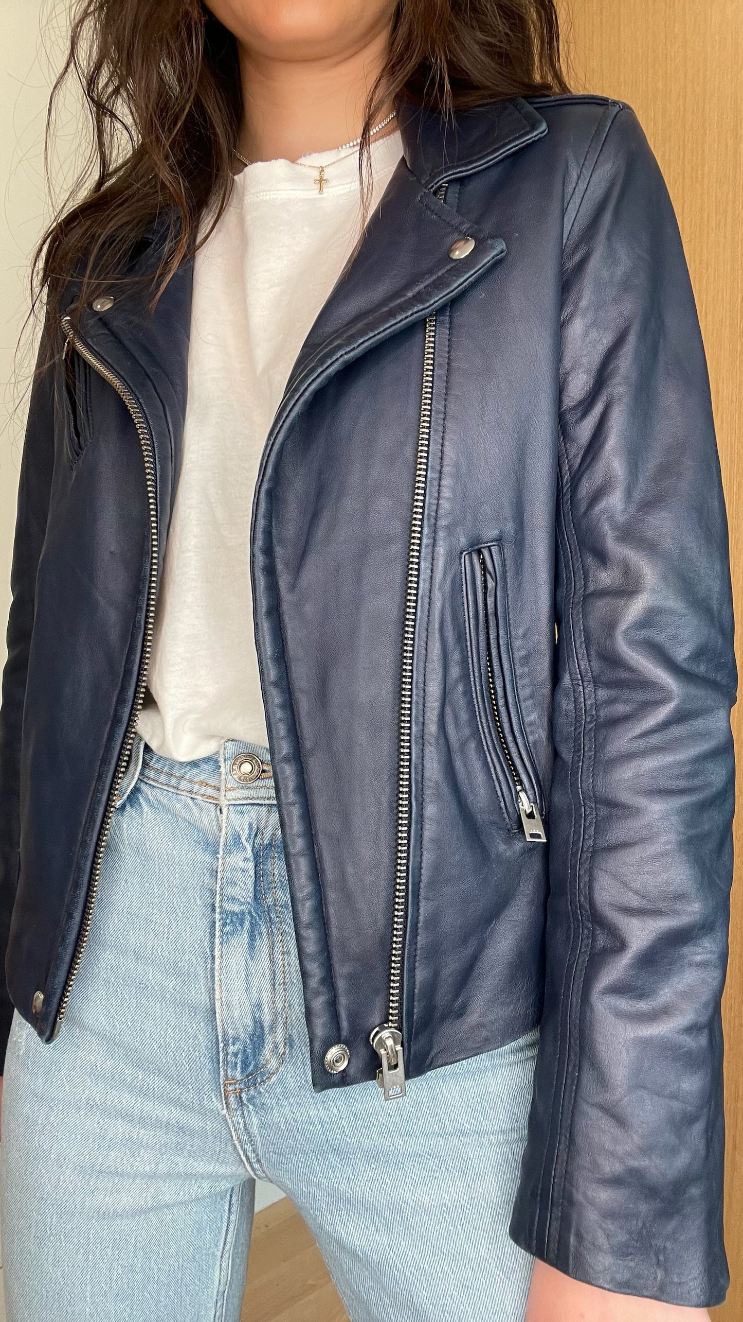 Navy Leather Jacket - XS