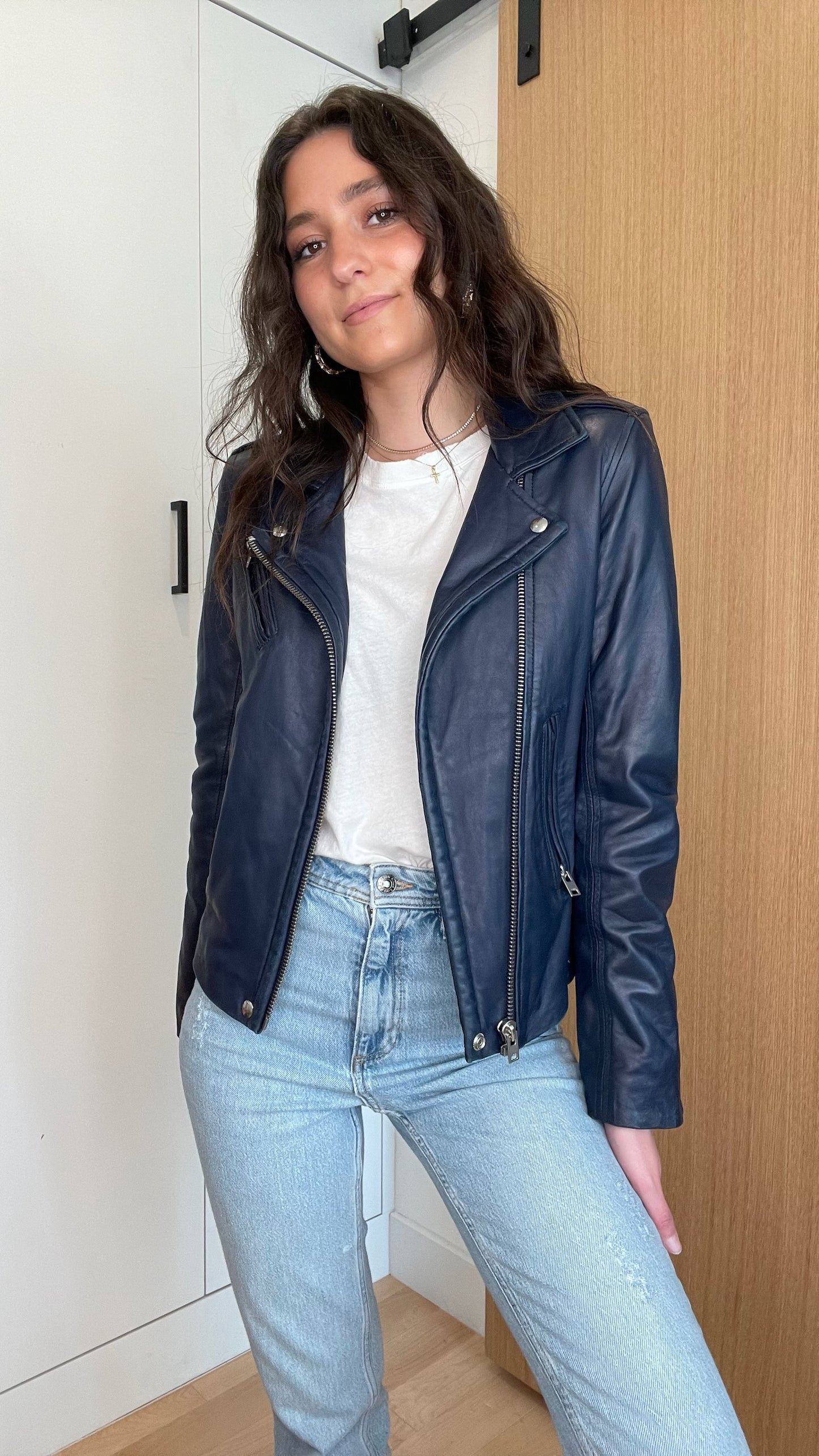 Navy Leather Jacket - XS