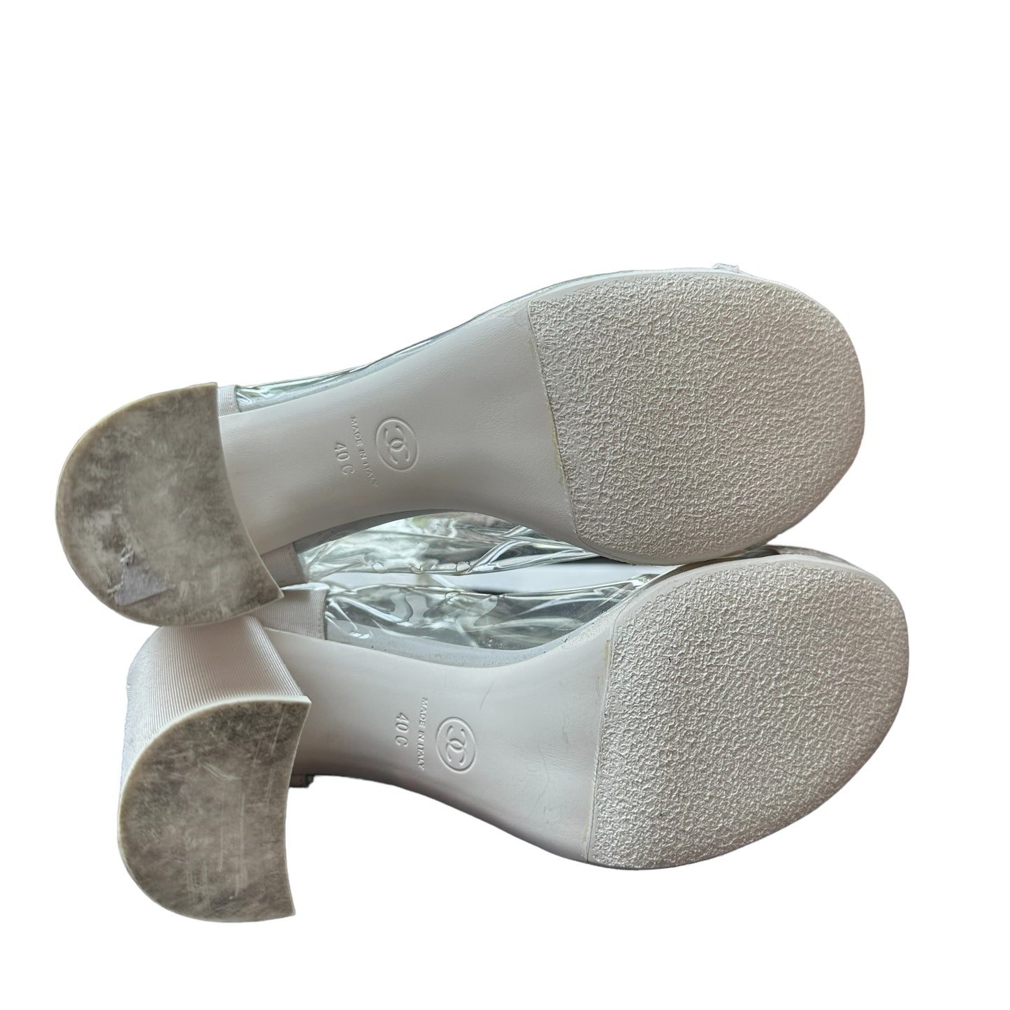 White Grosgrain & PVC Heeled Boots - 10