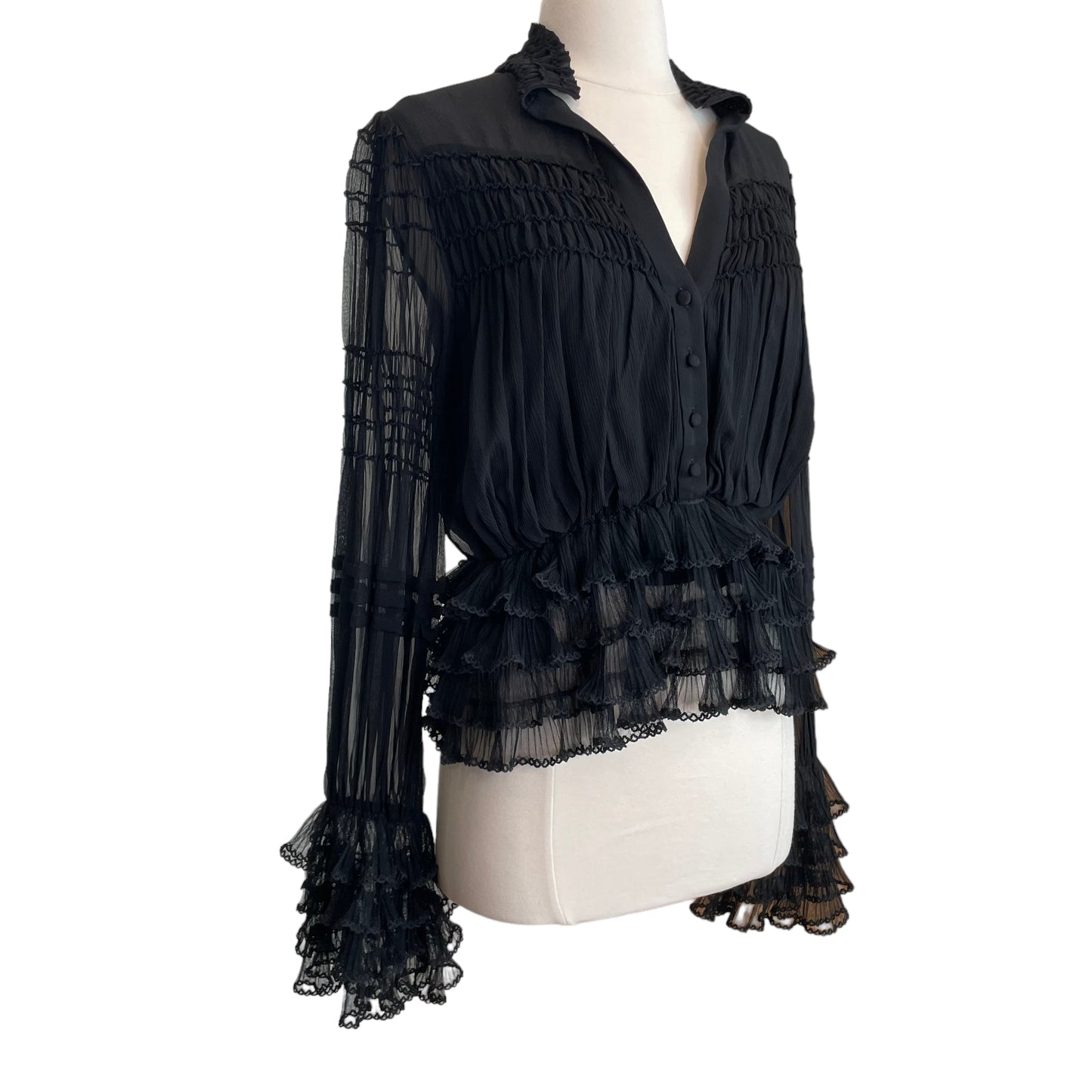 Black Ruffle Long Sleeve Top - S