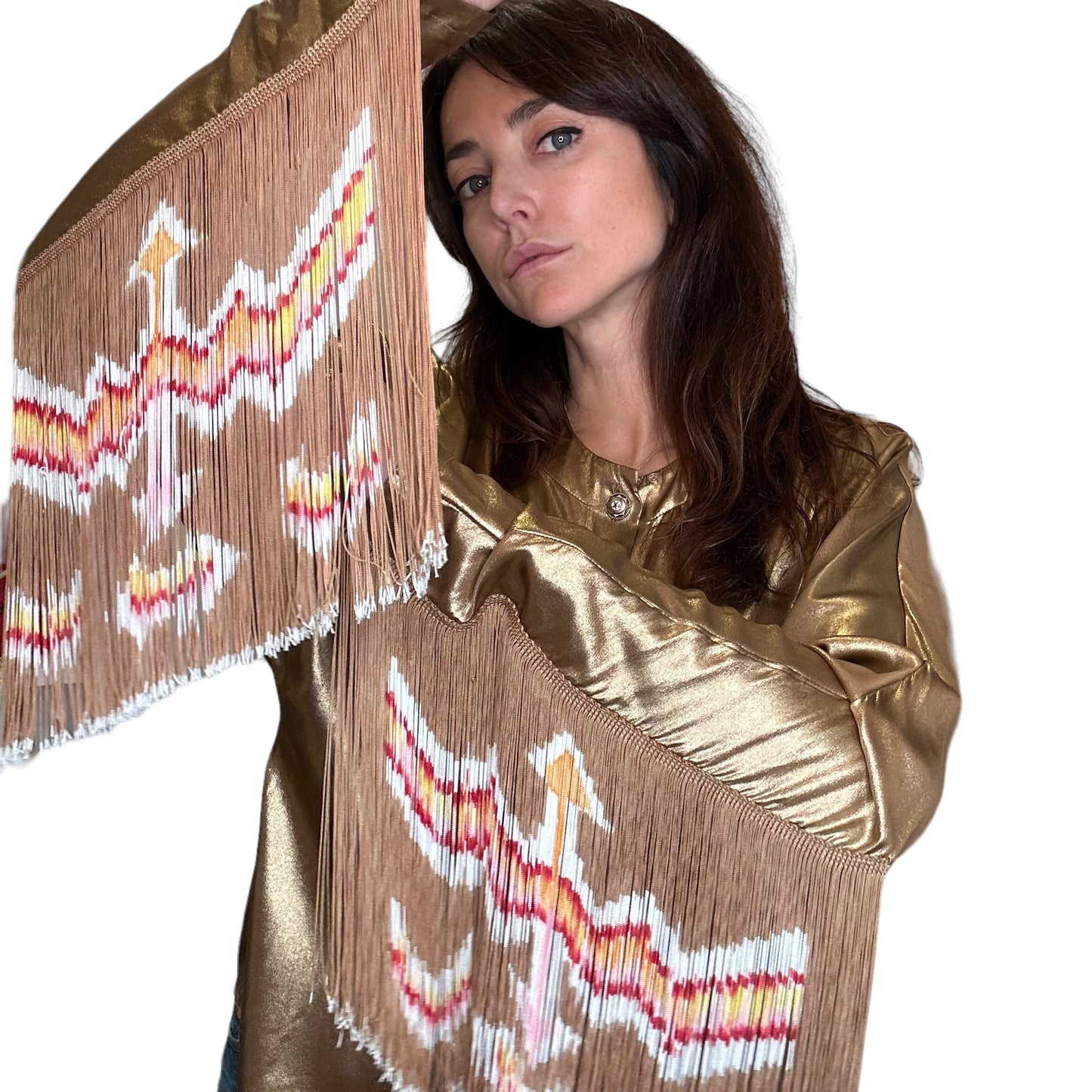 Paris-Dallas Gold Silk Top w/Fringes - S