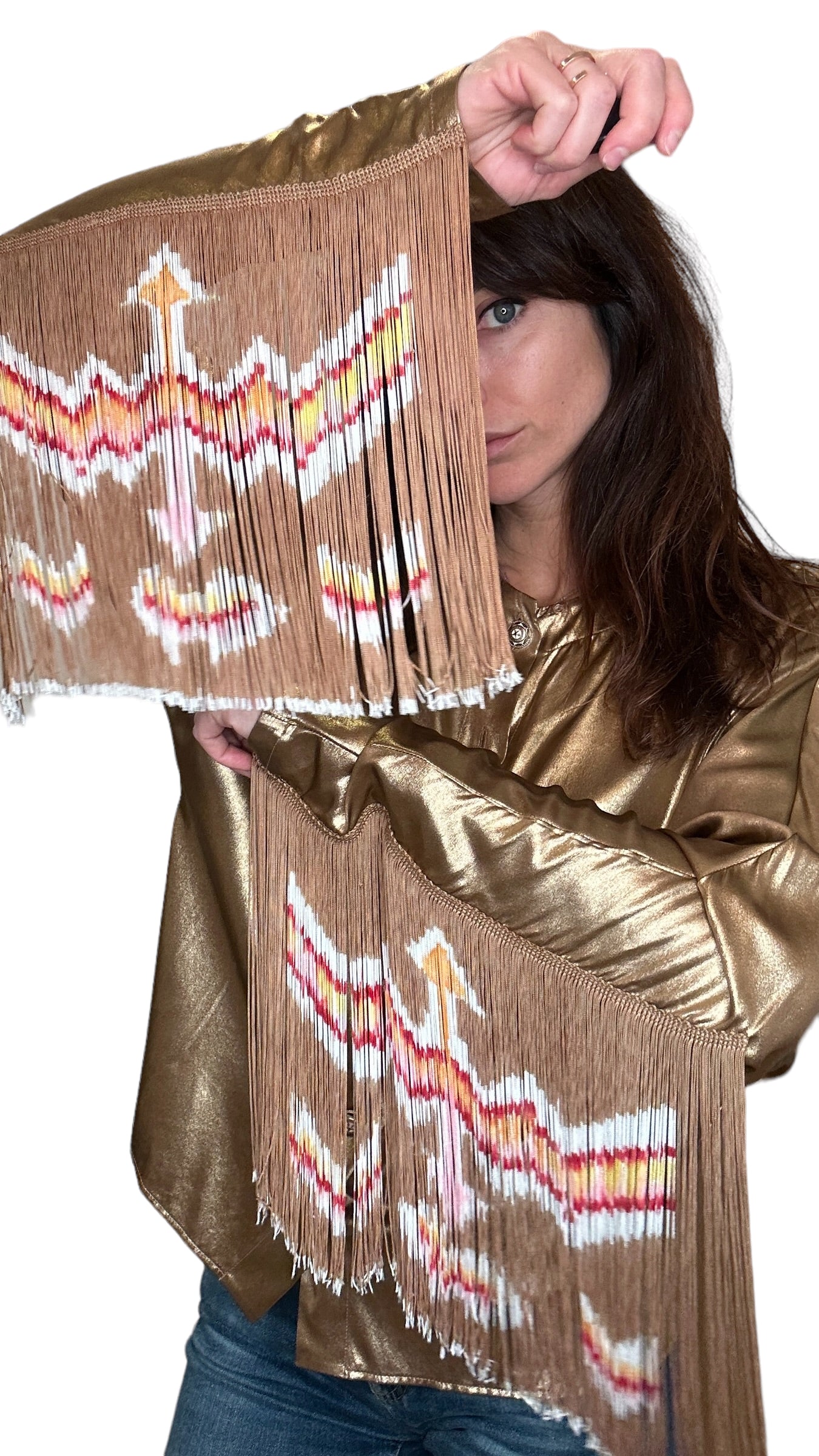 Paris-Dallas Gold Silk Top w/Fringes - S