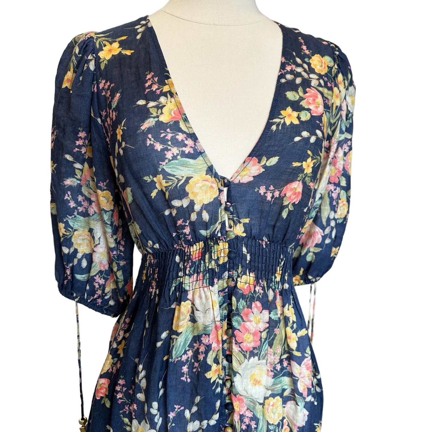 Navy Floral Linen Dress - 0