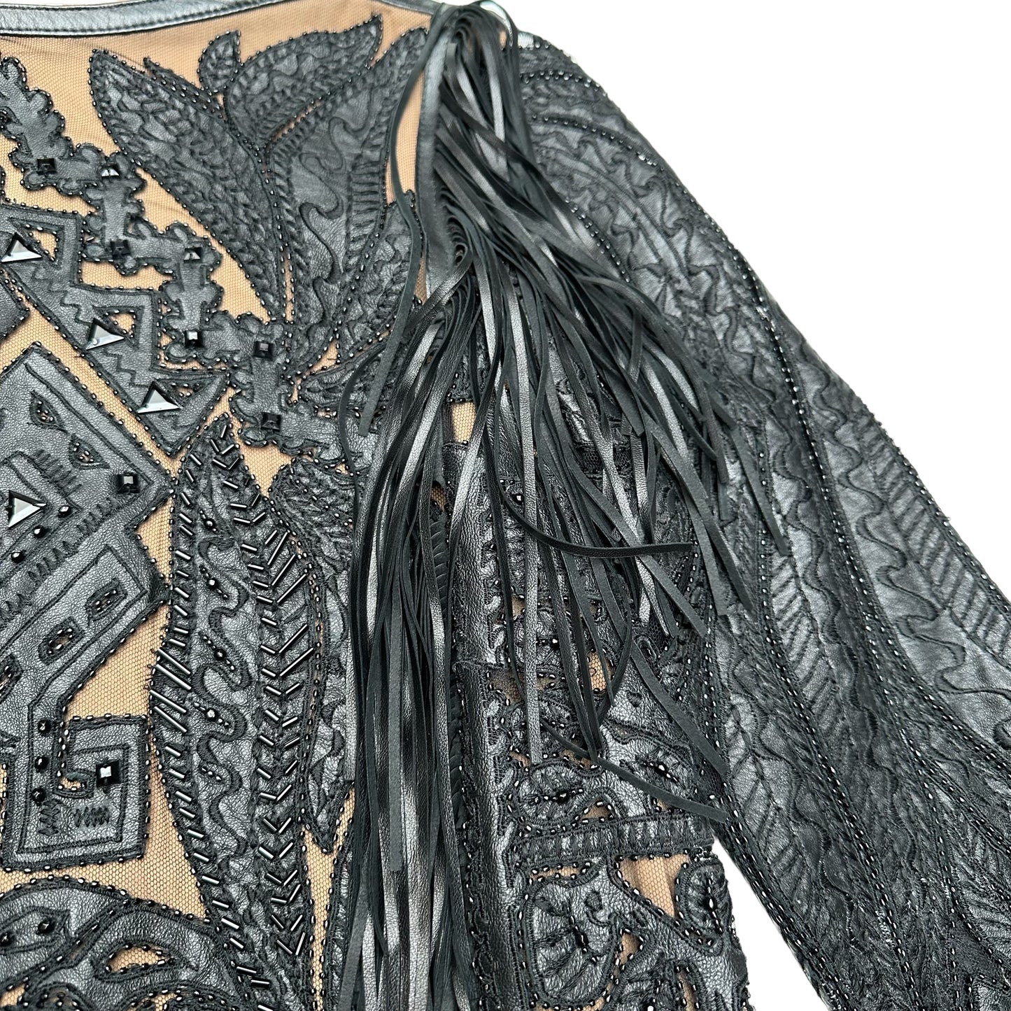 Black Leather, Fringes and Beads Dress - 4