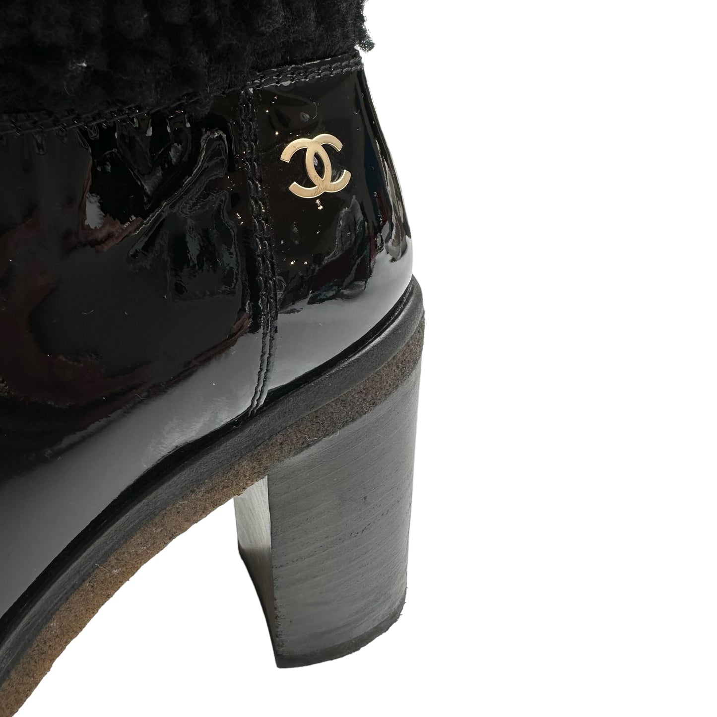 Black Patent Leather & Shearling Boots - 7