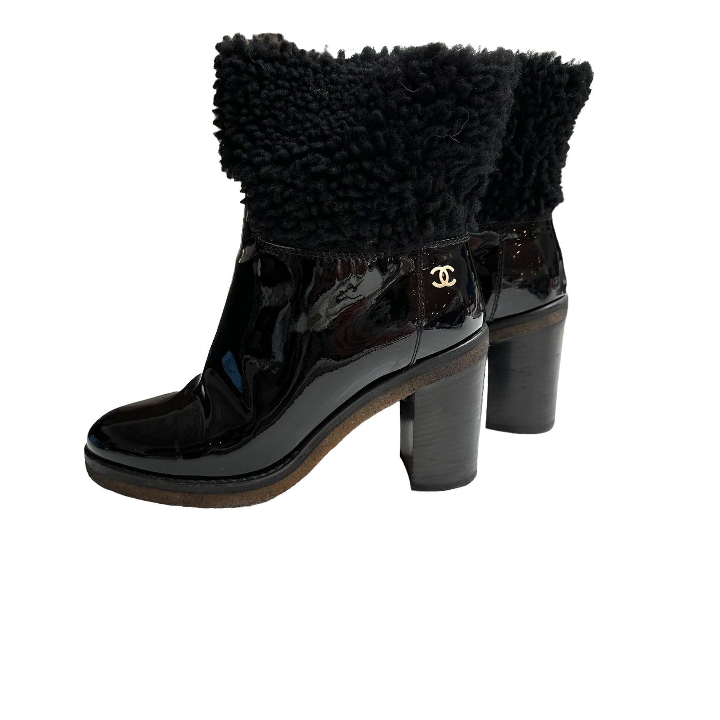 Black Patent Leather & Shearling Boots - 7
