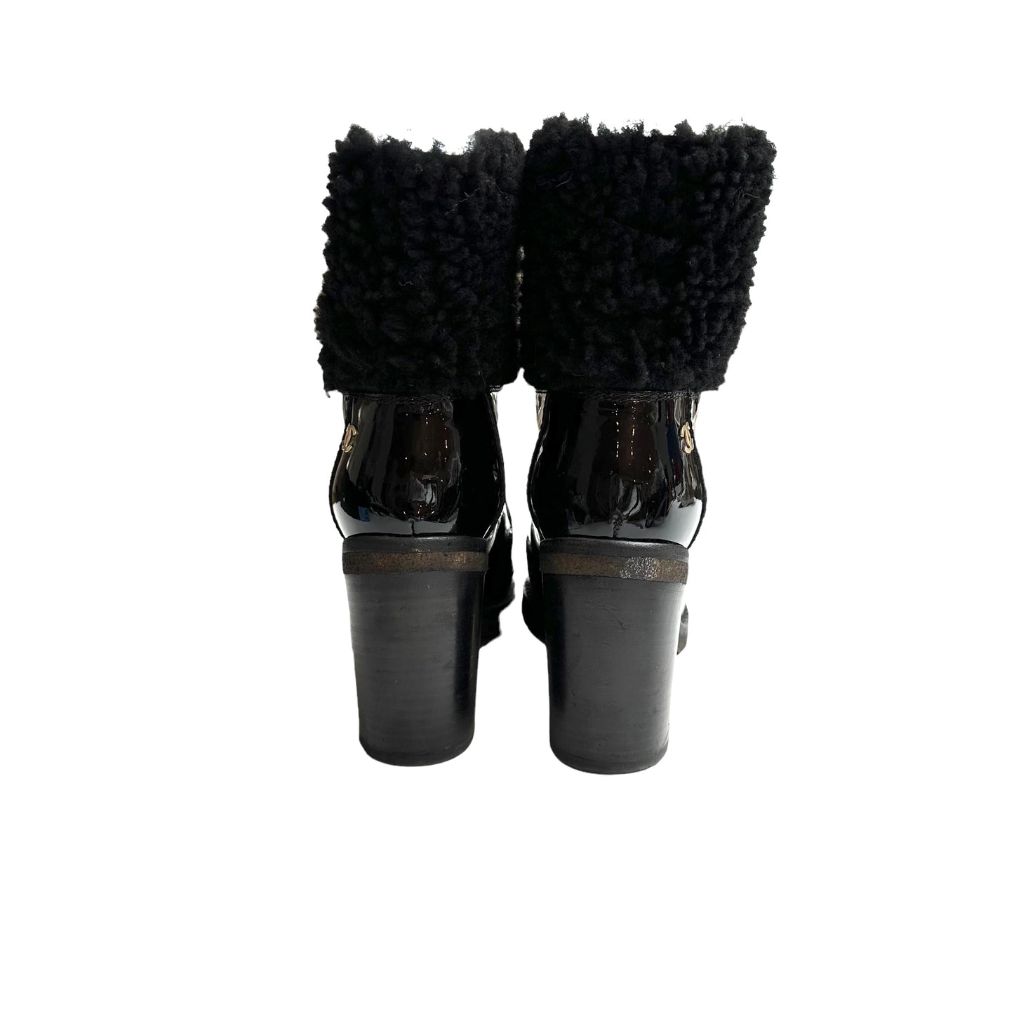 Black Patent Leather & Shearling Boots - 7