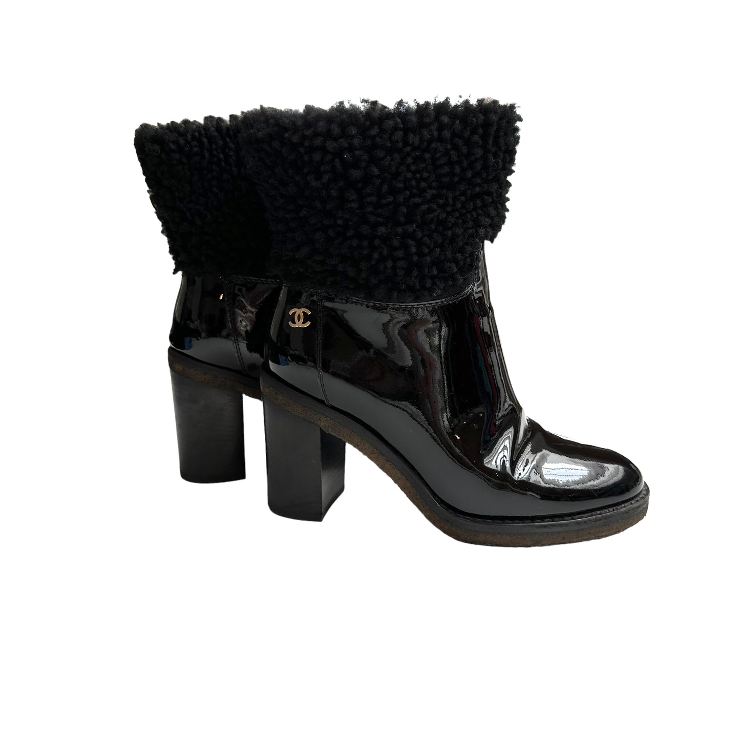 Black Patent Leather & Shearling Boots - 7