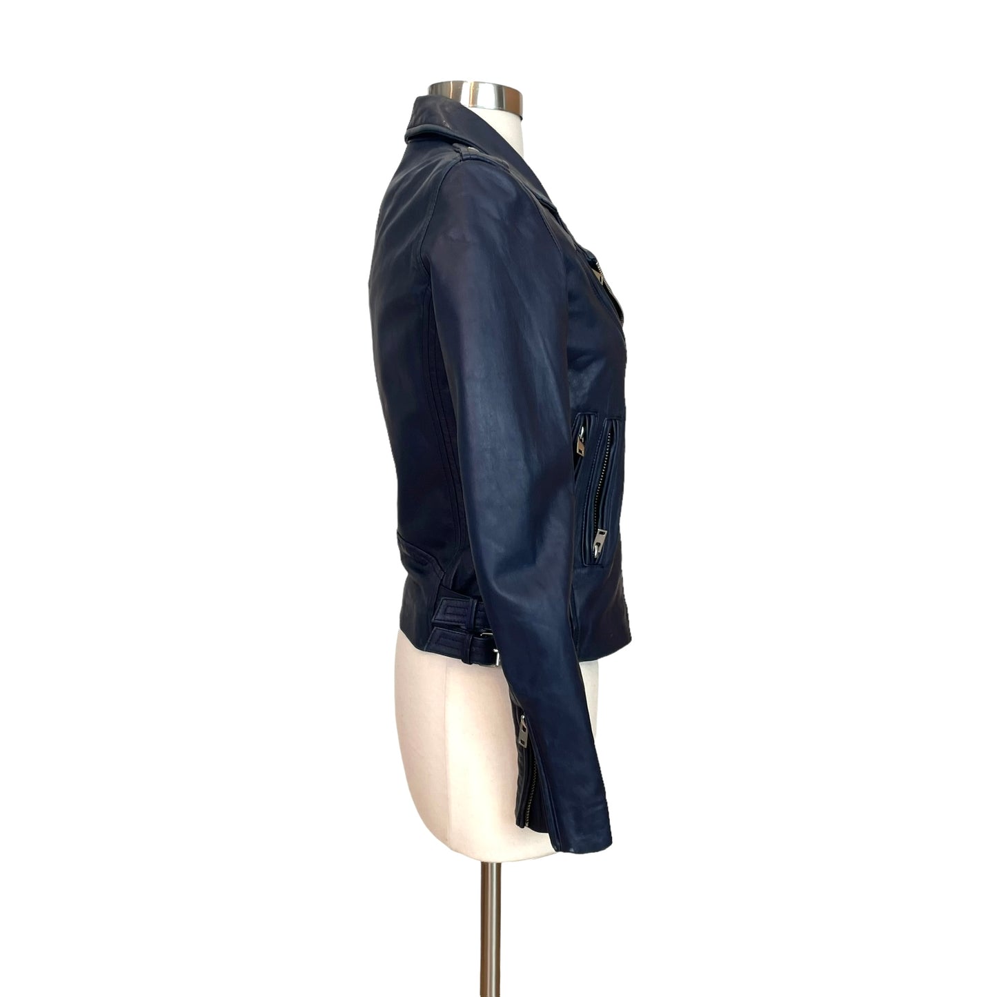 Navy Leather Jacket - XS