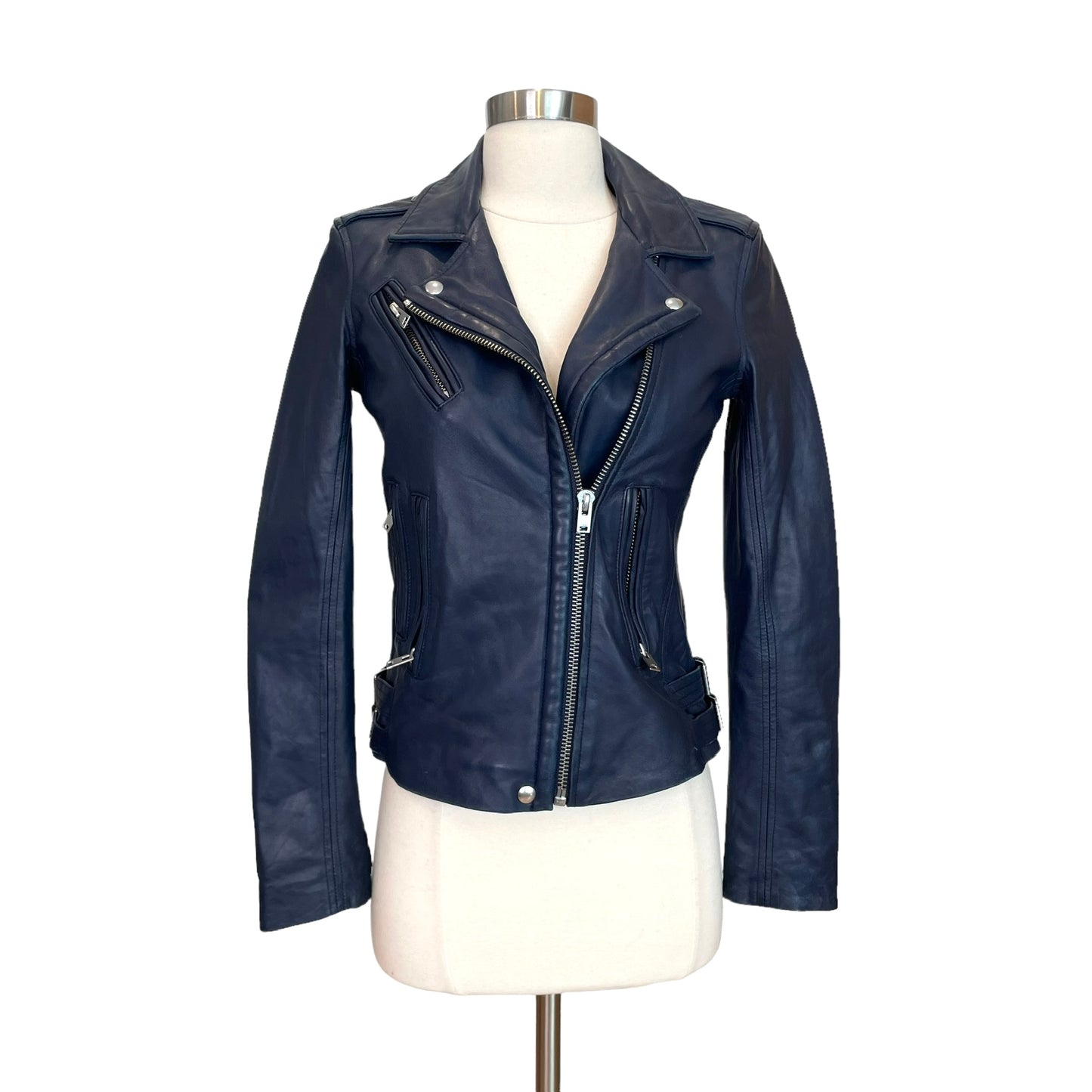 Navy Leather Jacket - XS