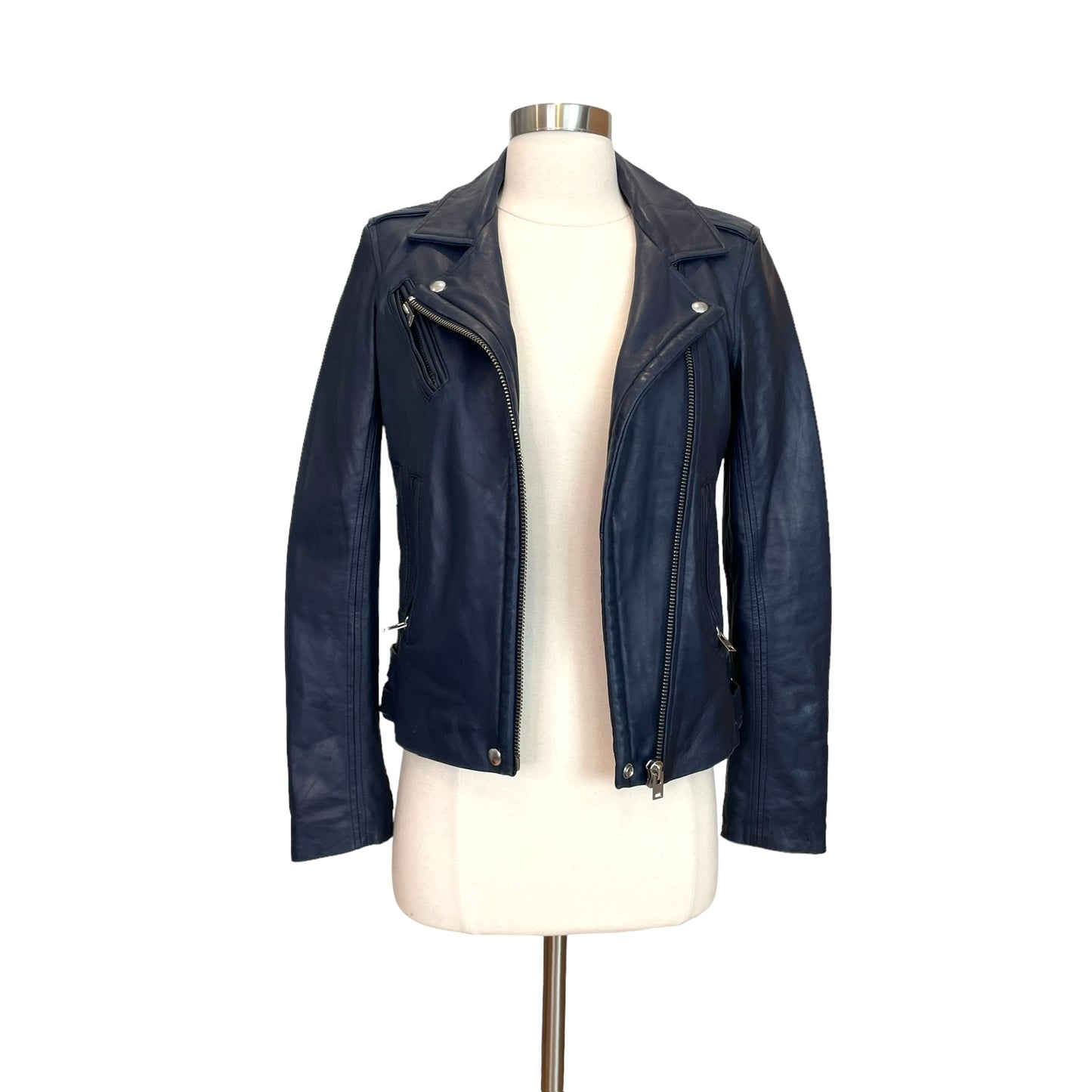 Navy Leather Jacket - XS