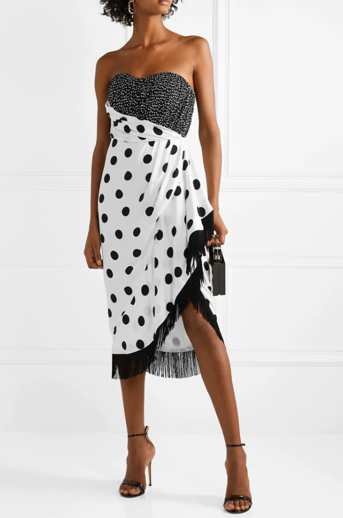 Strapless Black and White Polka Dot Dress - M