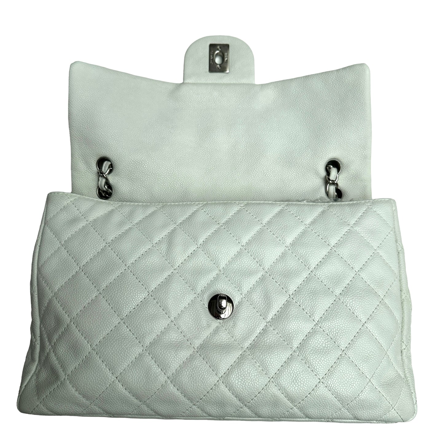 White Caviar Leather Large Flap Bag