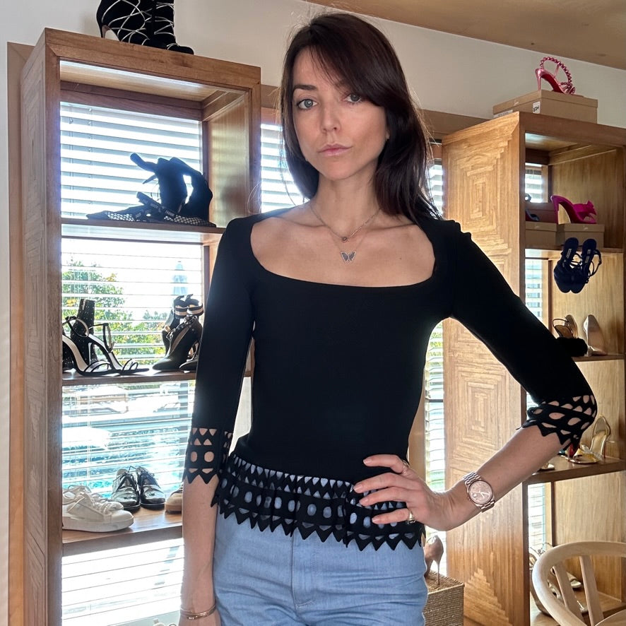 Black Fitted Eyelet Top - S