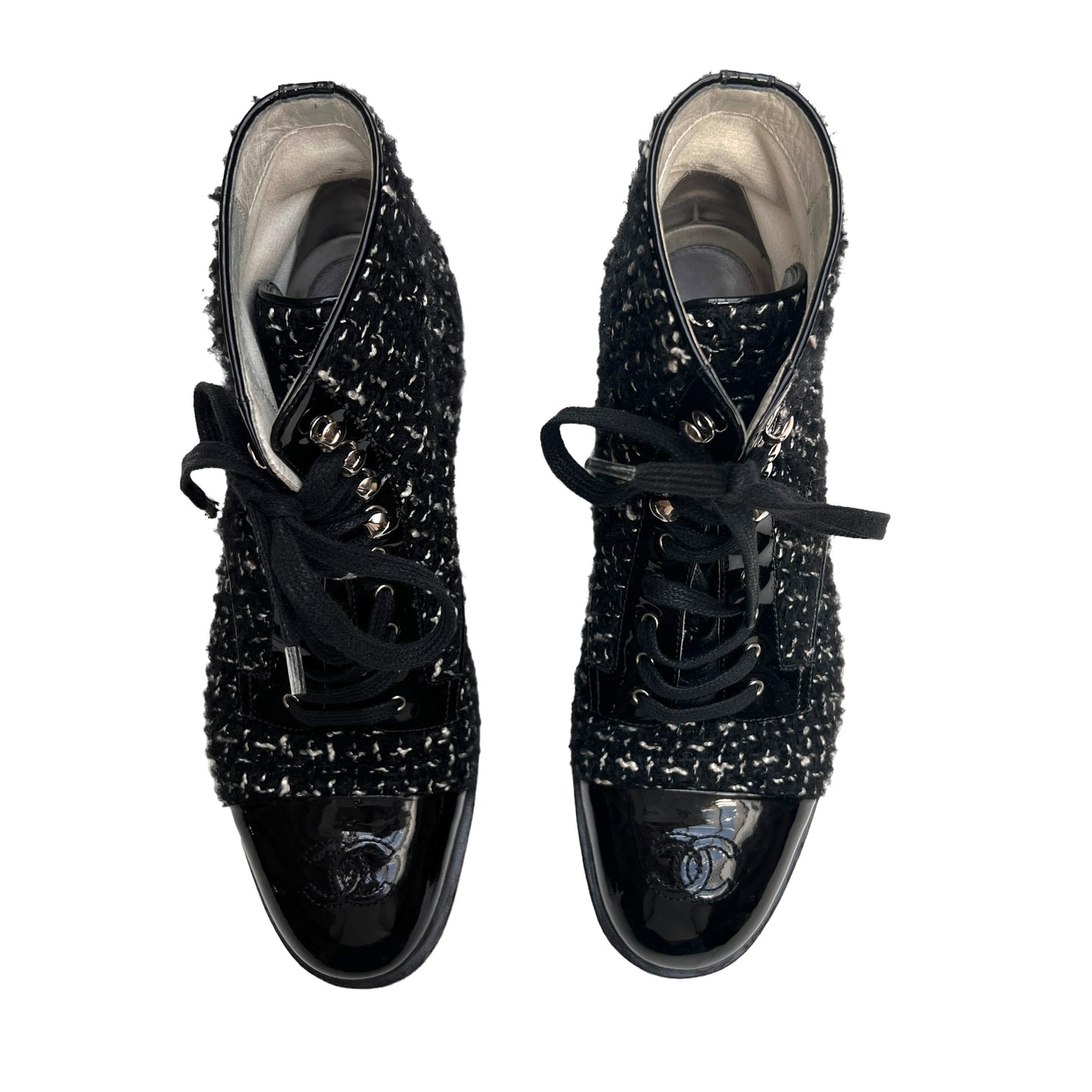 Black Tweed & Patent Leather Boots - 7.5