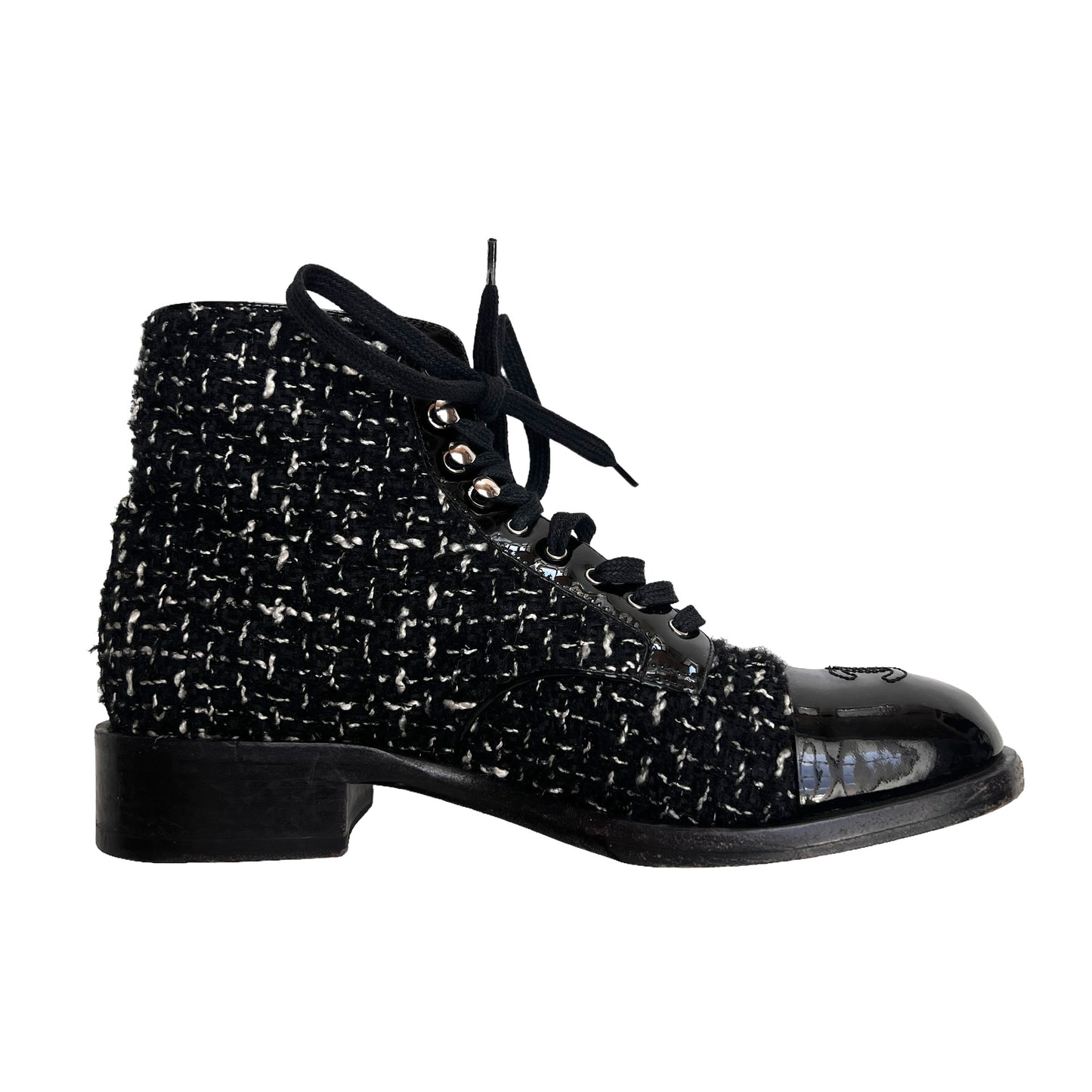 Black Tweed & Patent Leather Boots - 7.5