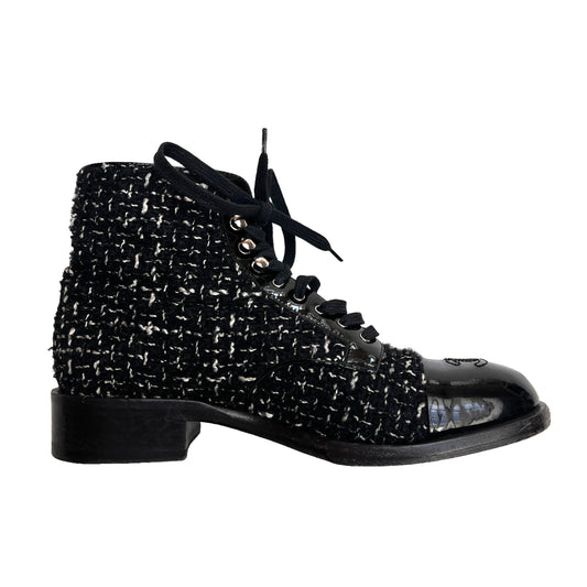 Black Tweed & Patent Leather Boots - 7.5