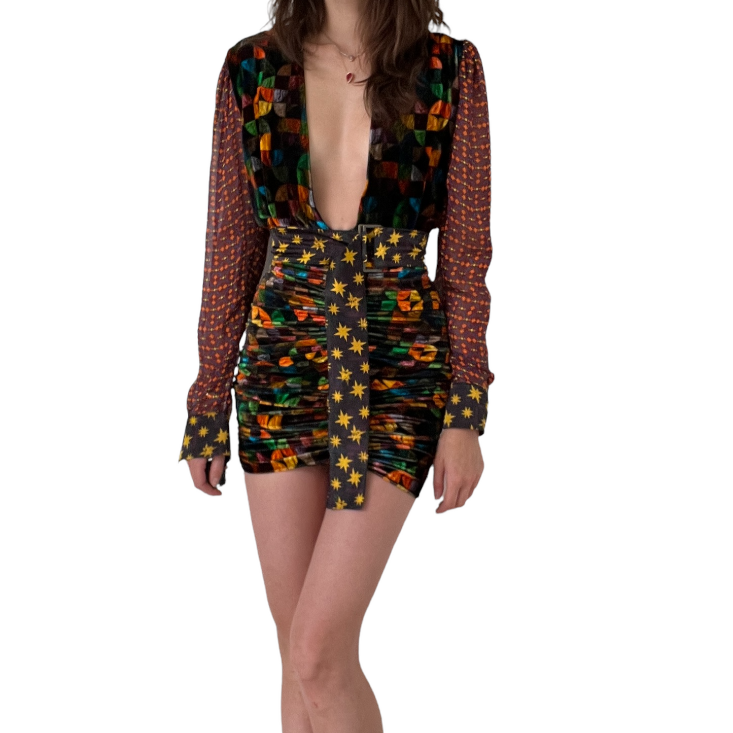 Velvet Multicolor Mini Dress - XXS