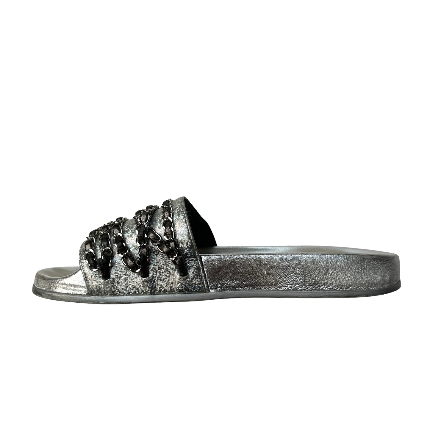 Silver Logo Leather Slides - 8