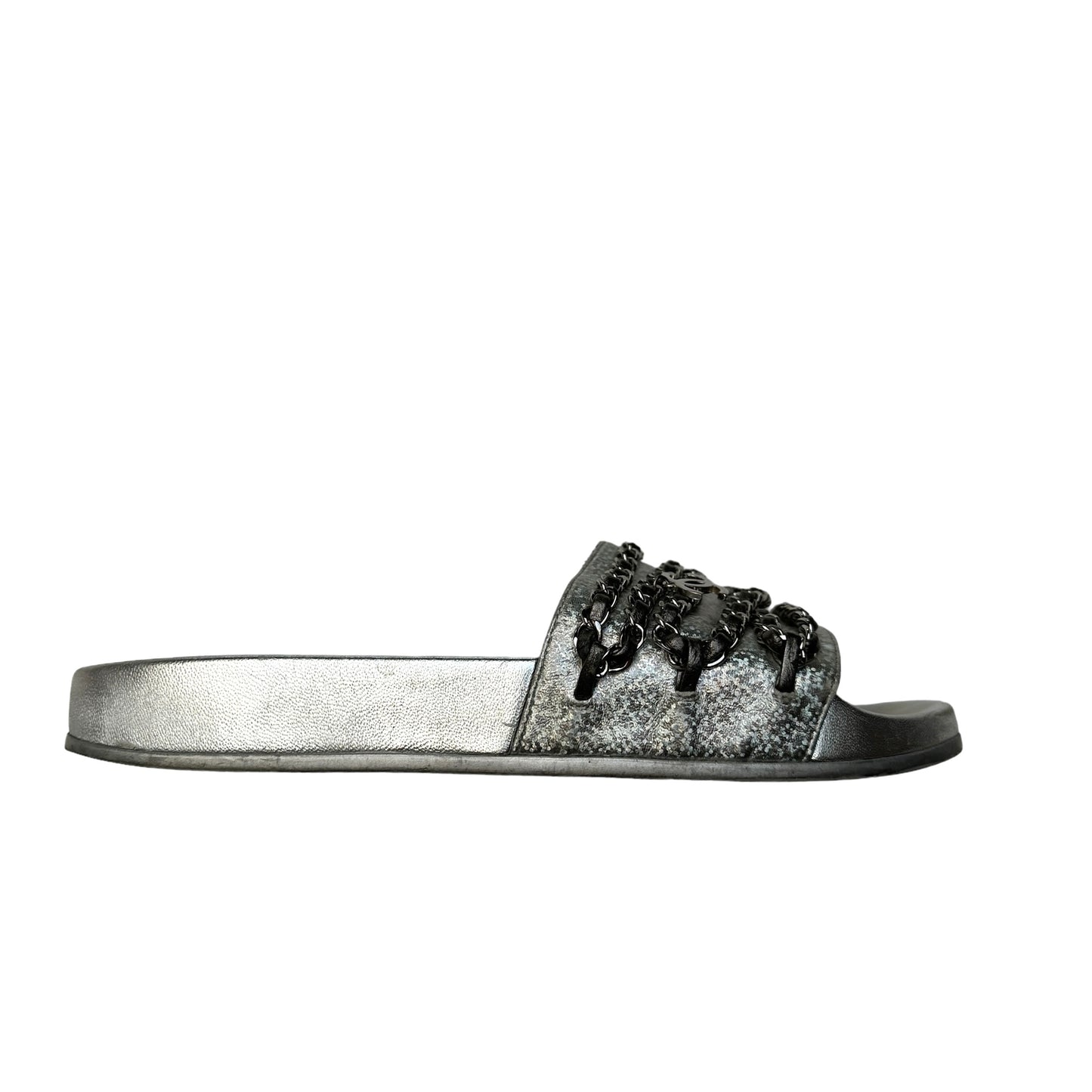 Silver Logo Leather Slides - 8