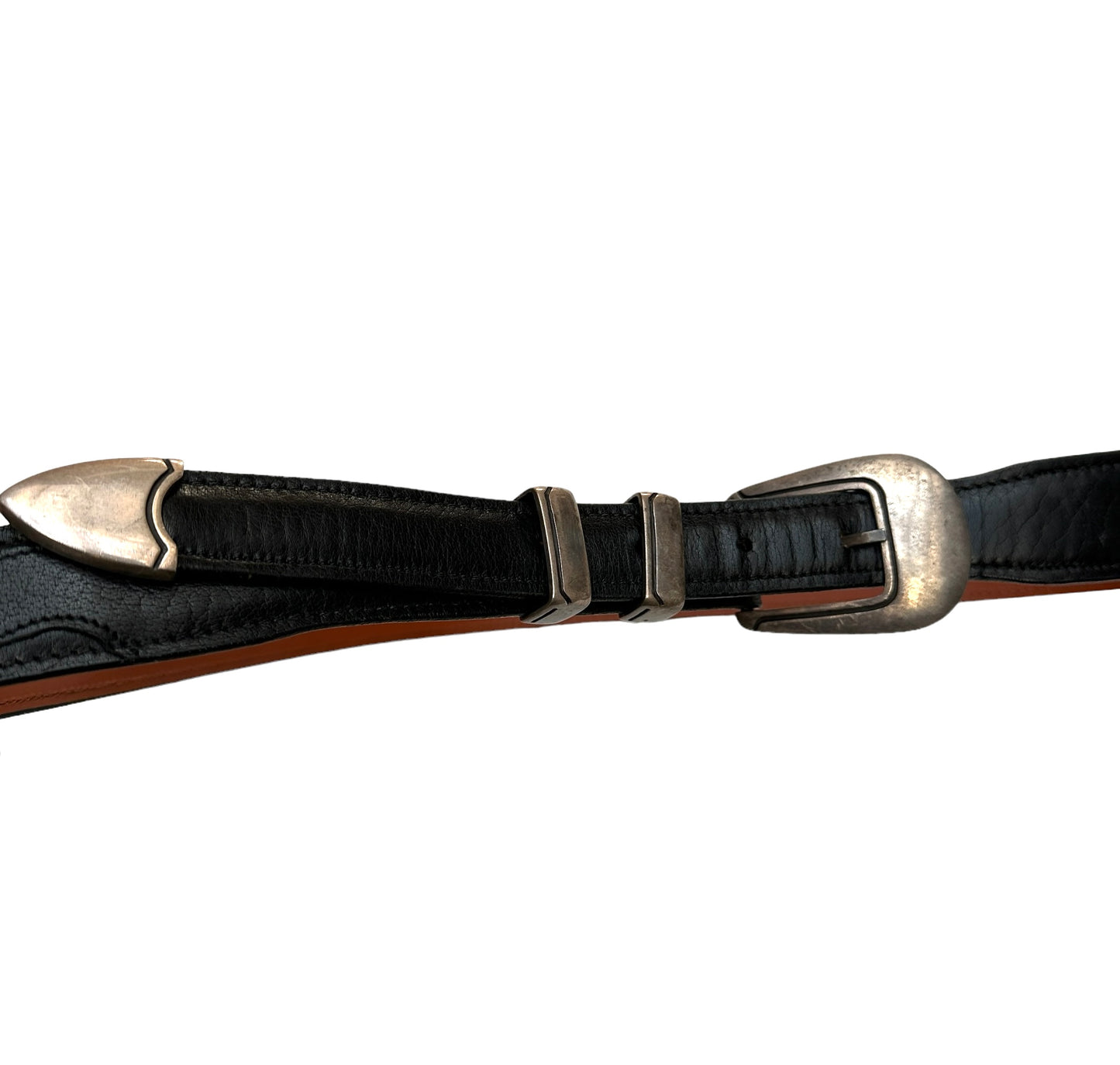 Men Black Leather Belt with Silver Hardware - 38