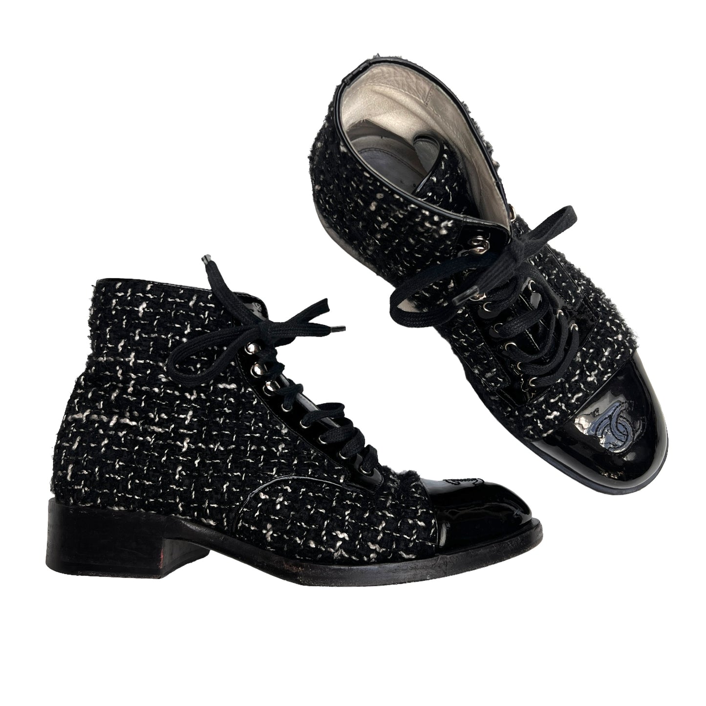 Black Tweed & Patent Leather Boots - 7.5