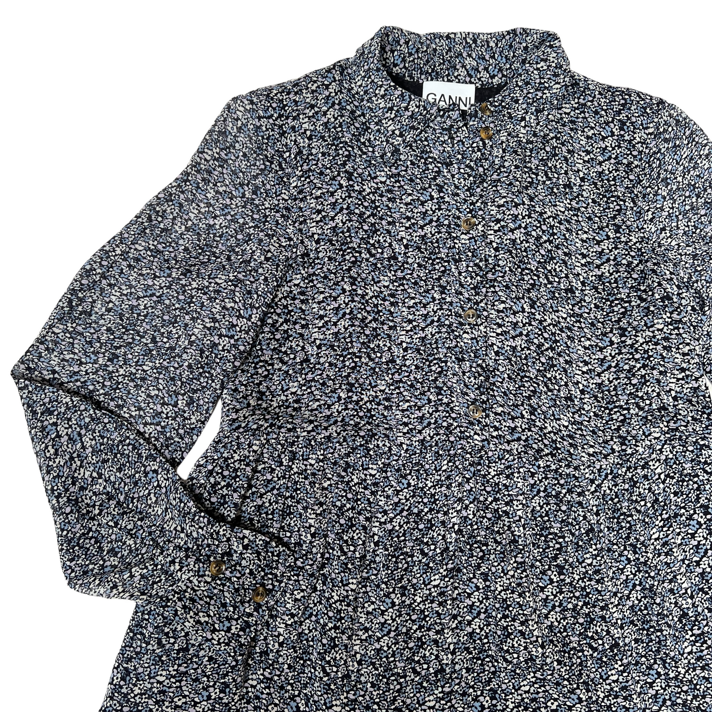 Blue Long Sleeves Floral Dress - L
