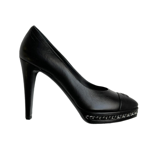 Black Leather Heels w/Chains - 8.5