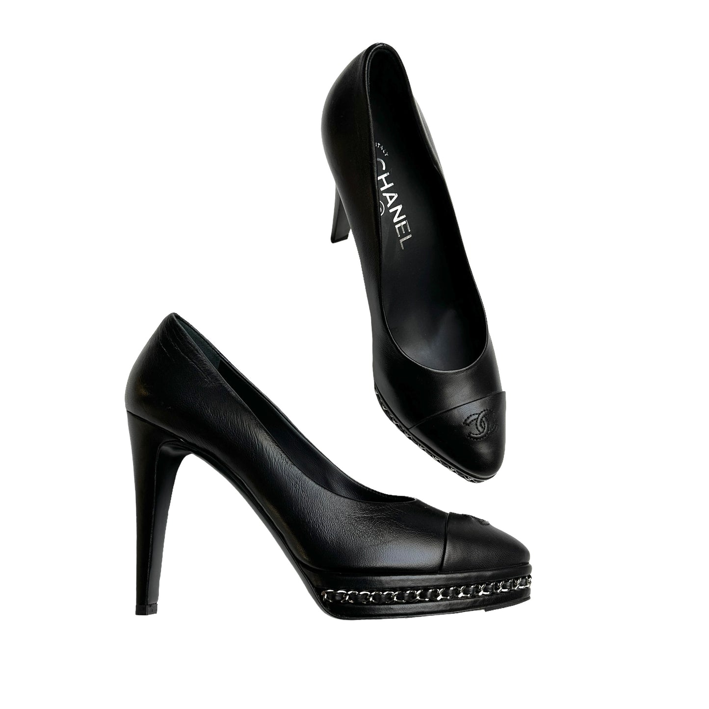 Black Leather Heels w/Chains - 8.5