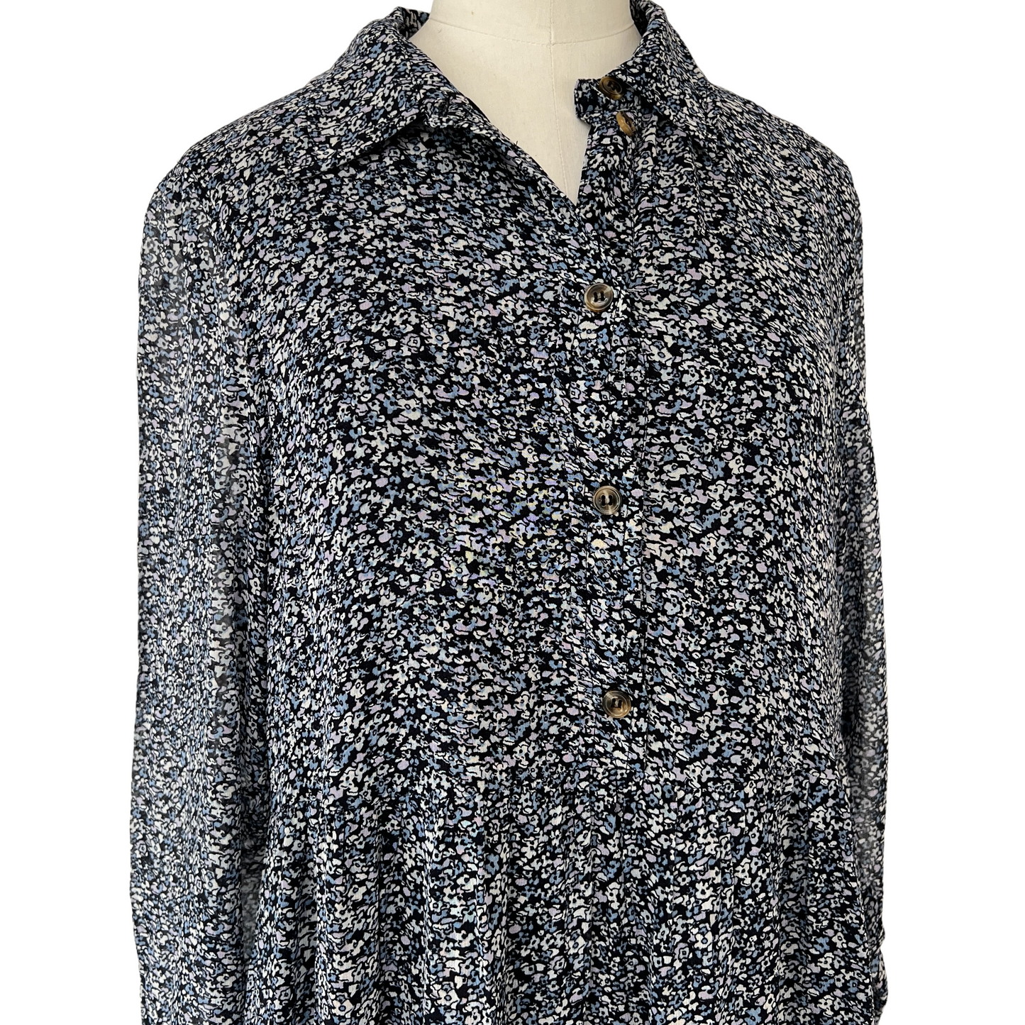 Blue Long Sleeves Floral Dress - L