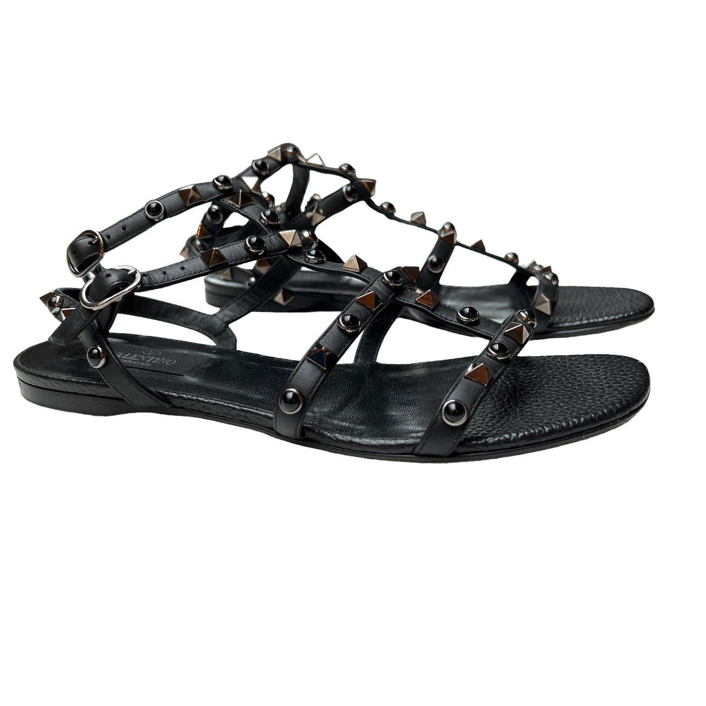 Rockstud Black Leather Sandals - 7